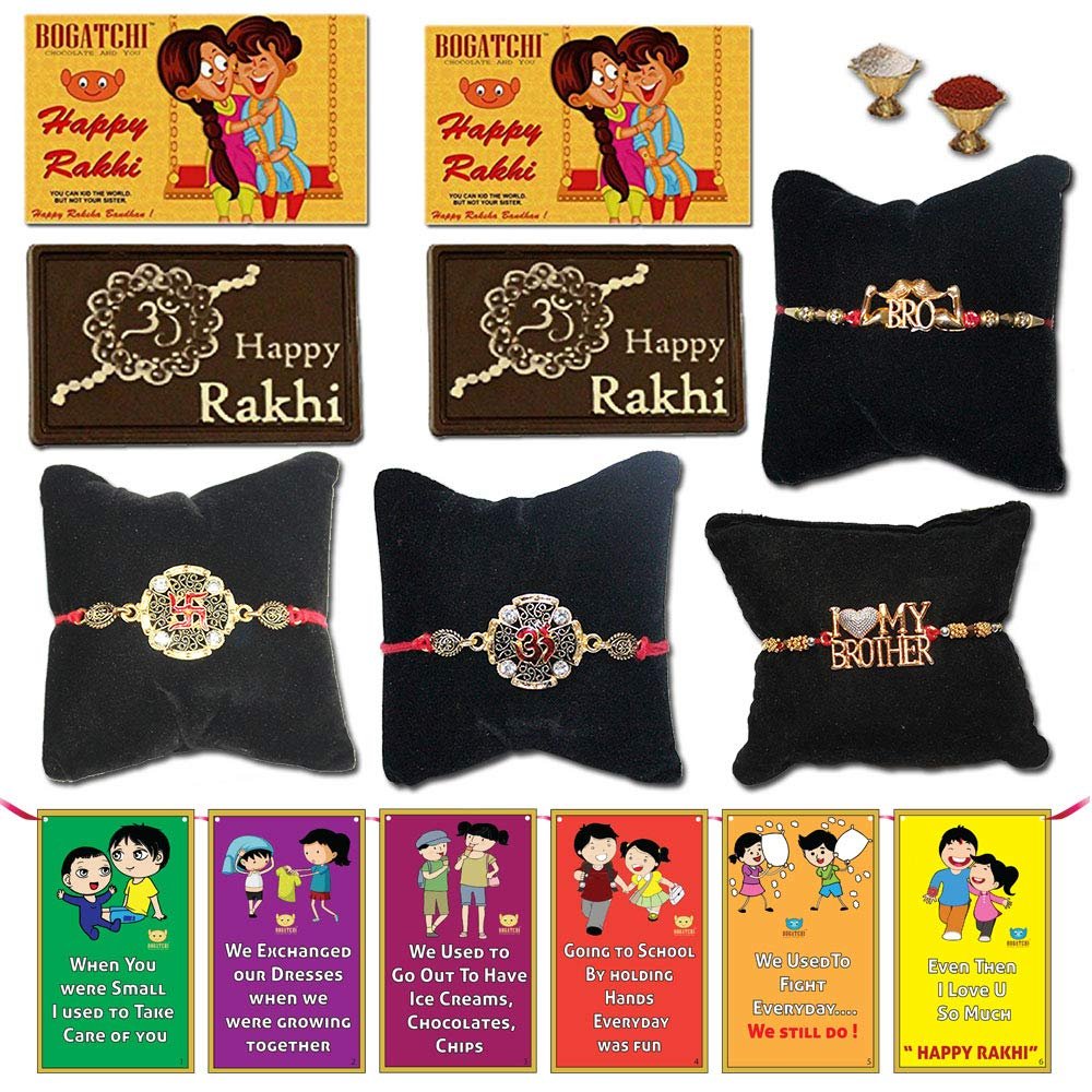 BOGATCHI Rakhi for Brother with Chocolates -Set of 4 Hand Crafted Rakhi for Brother + Free 2 Happy Rakhi Chocolate Bar+ Free roli chawal+ Bro sis Greeting Card