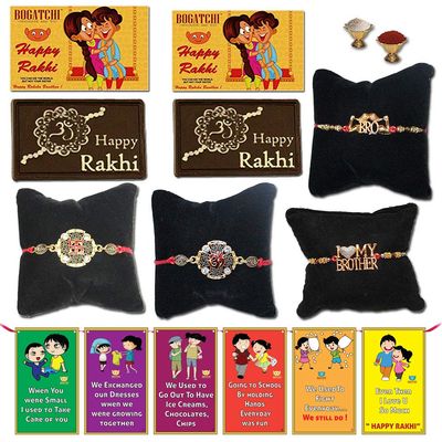 BOGATCHI Rakhi with Chocolates -Set of 4 Hand Crafted Rakhi for Brother + Free 2 Happy Rakhi Chocolate Bar+ Free roli chawal+ Bro sis Greeting Card