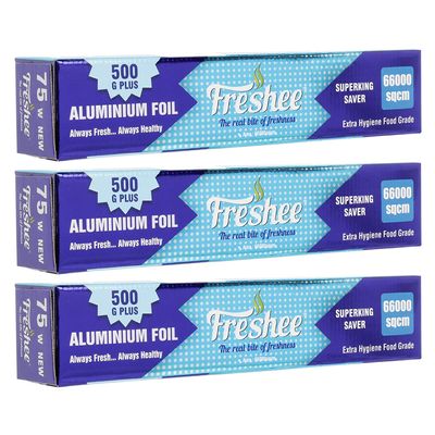 Freshee Aluminium Foil for Wrapping Food 22mtrs Silver Foil Roll Disposable Foil for Food Parcel 66000sqcm, Pack of 3