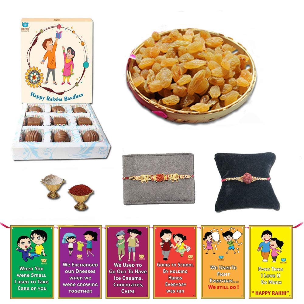 BOGATCHI Complete Rakhi Hamper, Rakhi with Dry Fruits for Brother and Rakhi with Chocolates-90g + Free 2 Rakhi+ Free Roli chawal and Rakhi Story Card