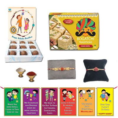BOGATCHI Complete Rakhi Hamper, Rakhi with Sweets for Brother and Rakhi with Chocolates-90g, Free 2 Rakhi + Free Roli chawal and Rakhi Story Card