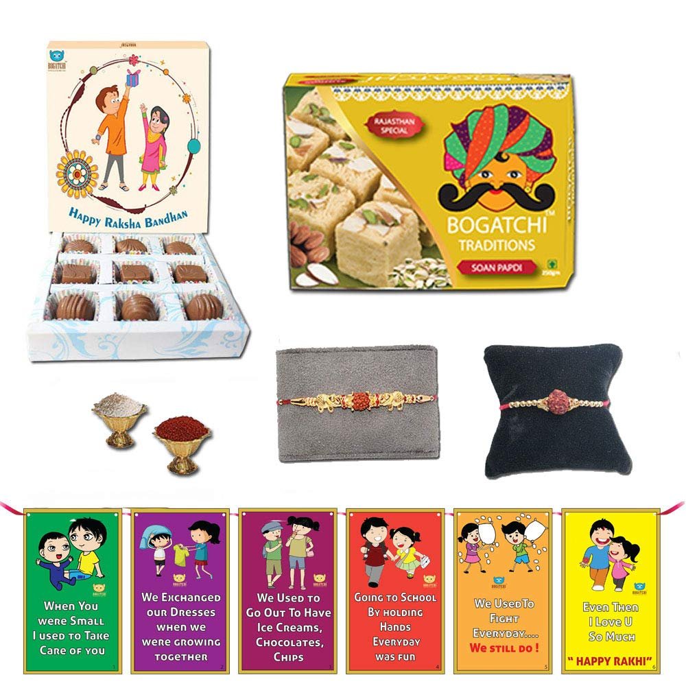 BOGATCHI Complete Rakhi Hamper, Rakhi with Sweets for Brother and Rakhi with Chocolates-90g, Free 2 Rakhi + Free Roli chawal and Rakhi Story Card