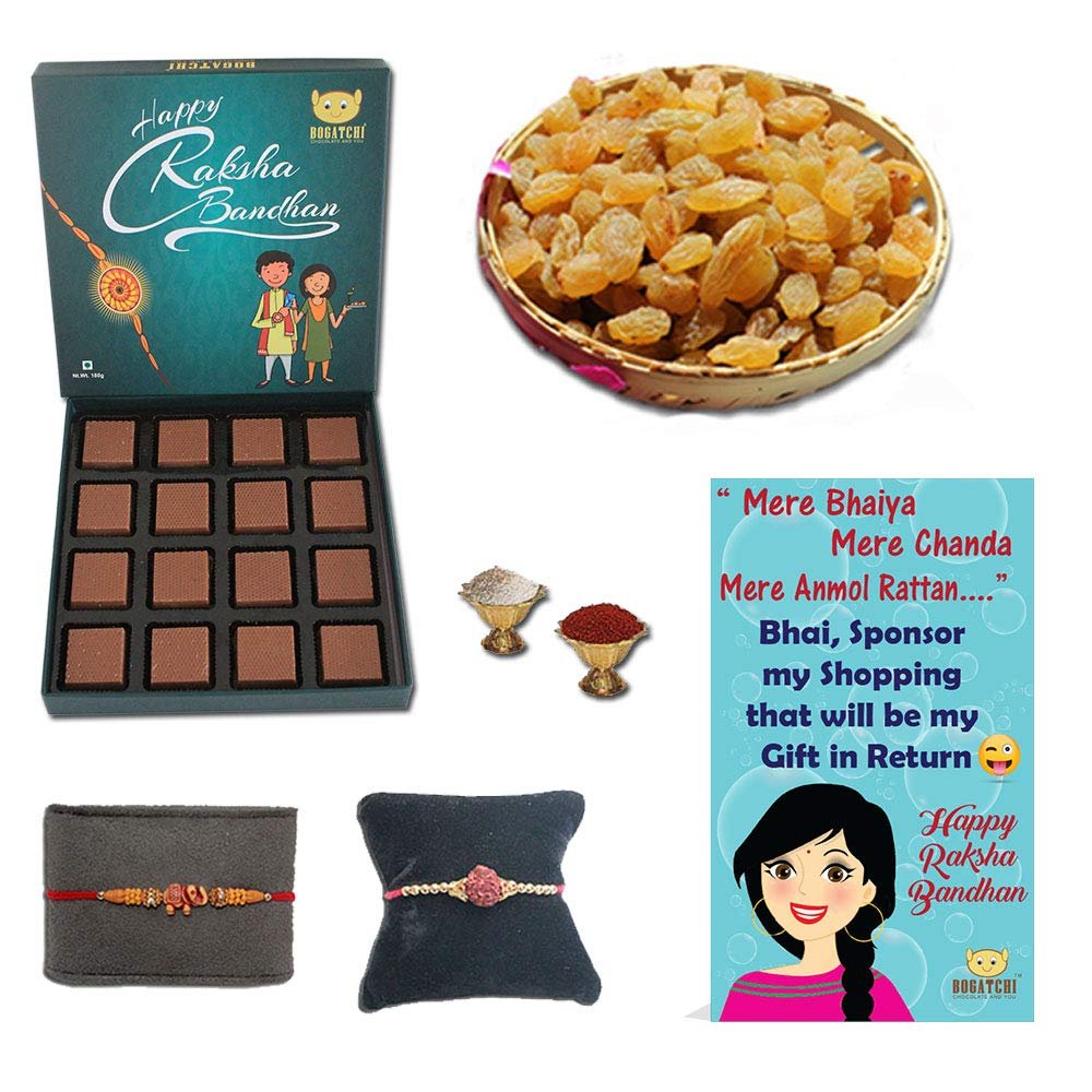 BOGATCHI Complete Rakhi Gift Hamper, Rakhi with Dry Fruits for Brother and Rakhi with Chocolates-180g + Free 2 Rakhi+ Free Roli chawal and Rakhi Story Card