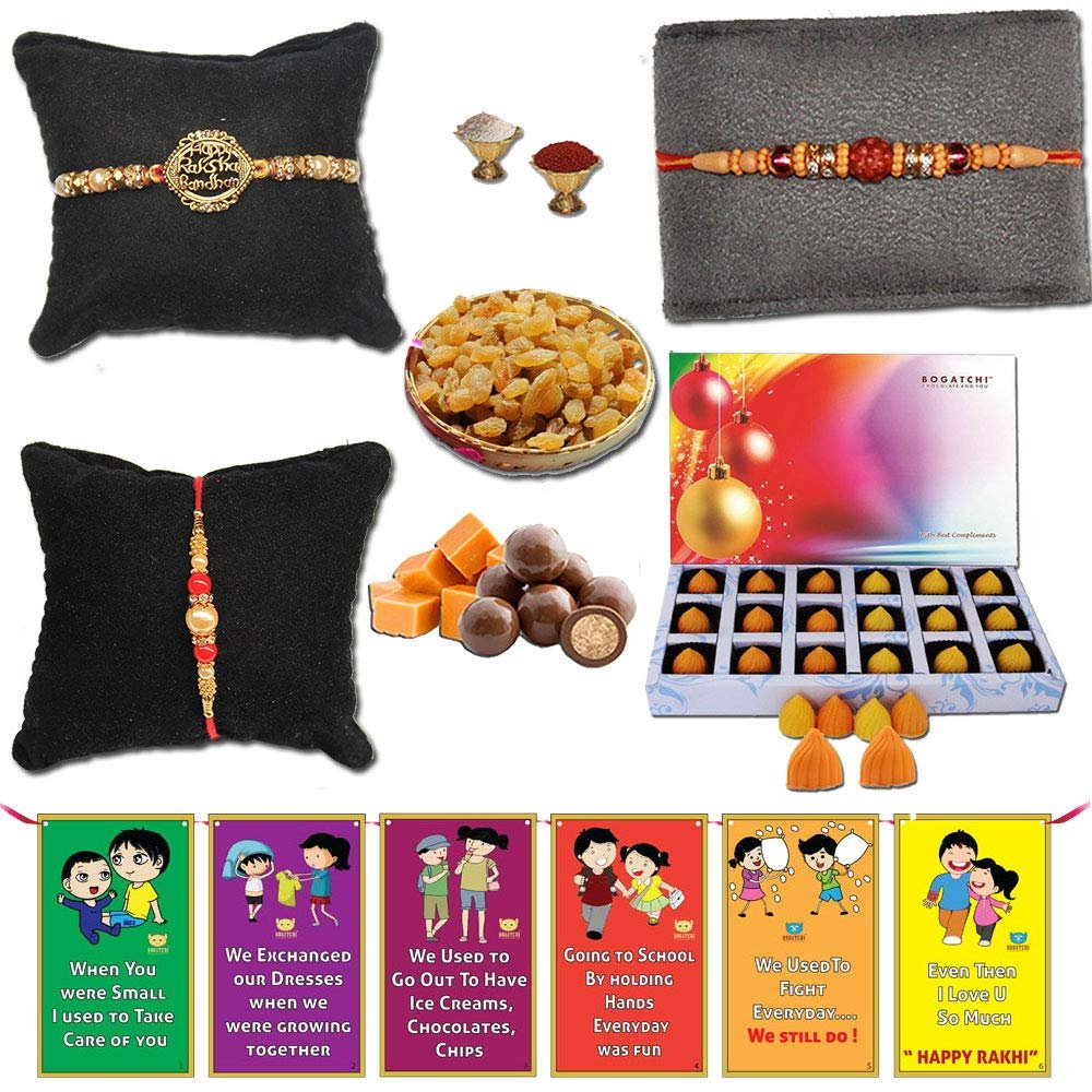 BOGATCHI Complete Rakhi Gift Hamper, Rakhi with Dry Fruits for Brother and Rakhi with Orange and Mango MODAK-240g + Free 3 Rakhi+ Free Roli chawal, Choco Butterscotch and Rakhi Story Card