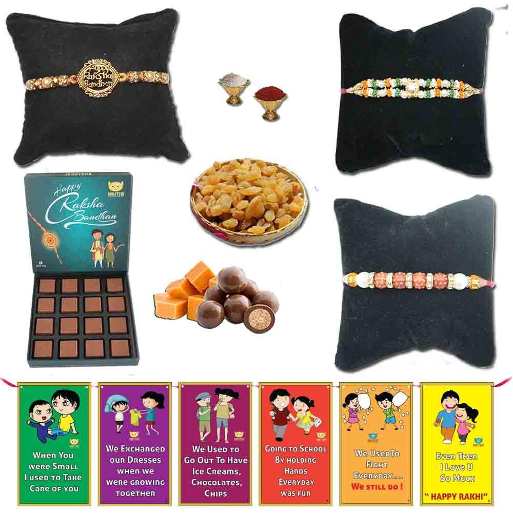 BOGATCHI Complete Rakhi Hamper, Rakhi with Dry Fruits for Brother and Rakhi with Chocolates-180g + Free 3 Rakhi+ Free Roli chawal and Rakhi Story Card
