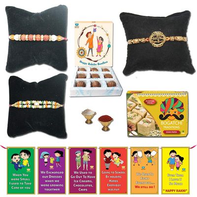 BOGATCHI Complete Rakhi Gift Hamper, Rakhi with Sweets for Brother and Rakhi with Chocolates-90g, Free 3 Rakhi + Free Roli chawal and Rakhi Story Card