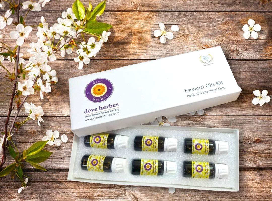 Deve Herbes Essential Oils Set of Six - Peppermint Eucalyptus Tea Tree LavenderLemon and Rosemary Essential Oils Steam Distilled