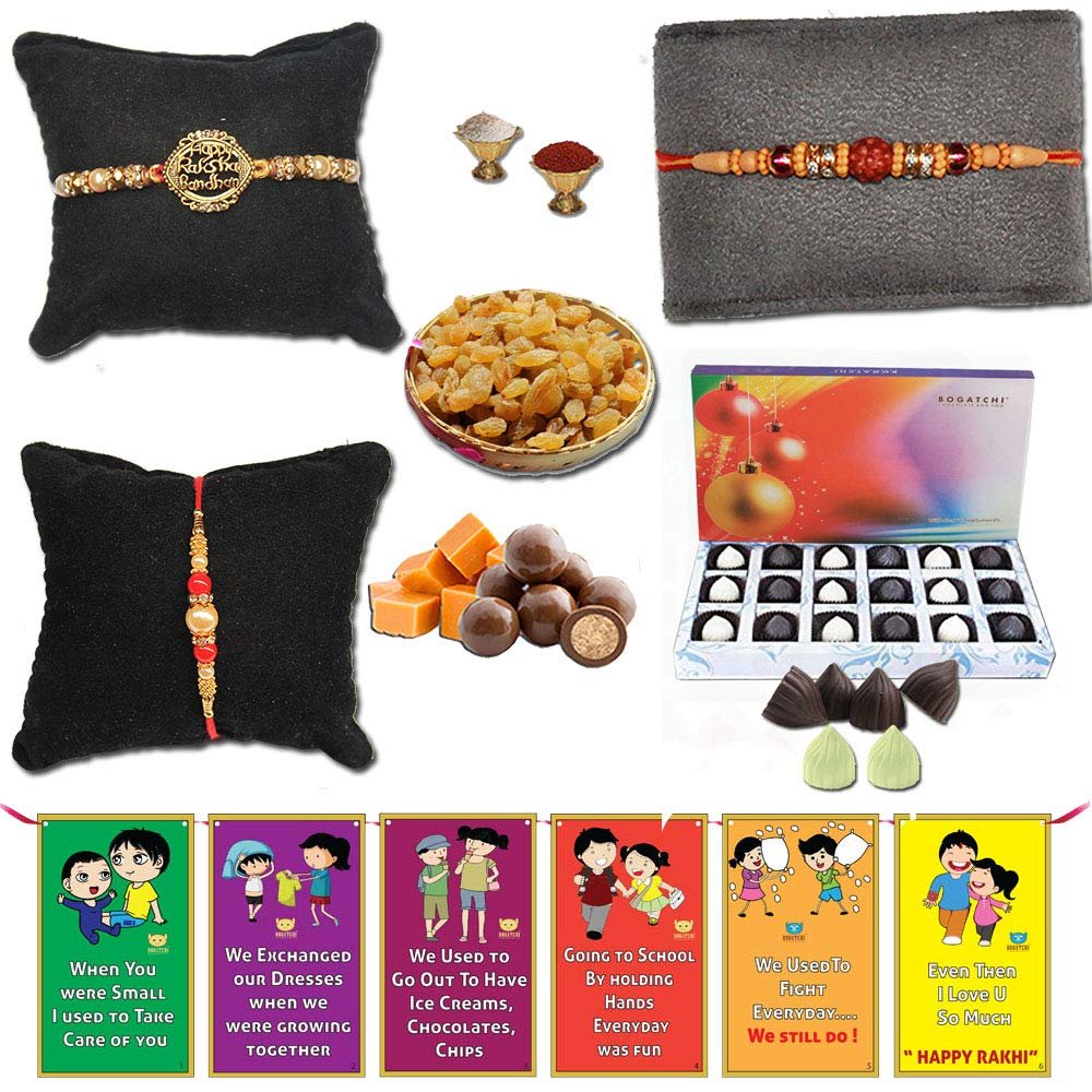 BOGATCHI Complete Rakhi Gift Set, Rakhi with Dry Fruits for Brother and Rakhi with Dark ad White MODAK-240g + Free 3 Rakhi+ Free Roli chawal, Choco Butterscotch and Rakhi Story Card