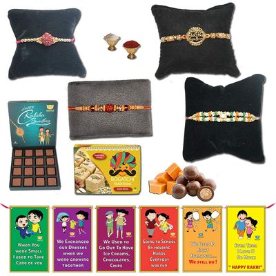 BOGATCHI Complete Rakhi Hamper, Rakhi with Sweets for Brother and Rakhi with Chocolates-180g, Free 4 Rakhi + Free Roli chawal, Choco Butterscotch and Rakhi Story Card