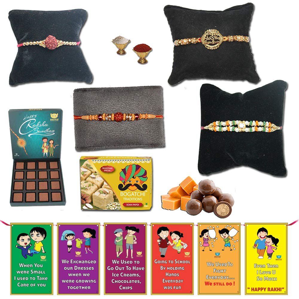 BOGATCHI Complete Rakhi Hamper, Rakhi with Sweets for Brother and Rakhi with Chocolates-180g, Free 4 Rakhi + Free Roli chawal, Choco Butterscotch and Rakhi Story Card