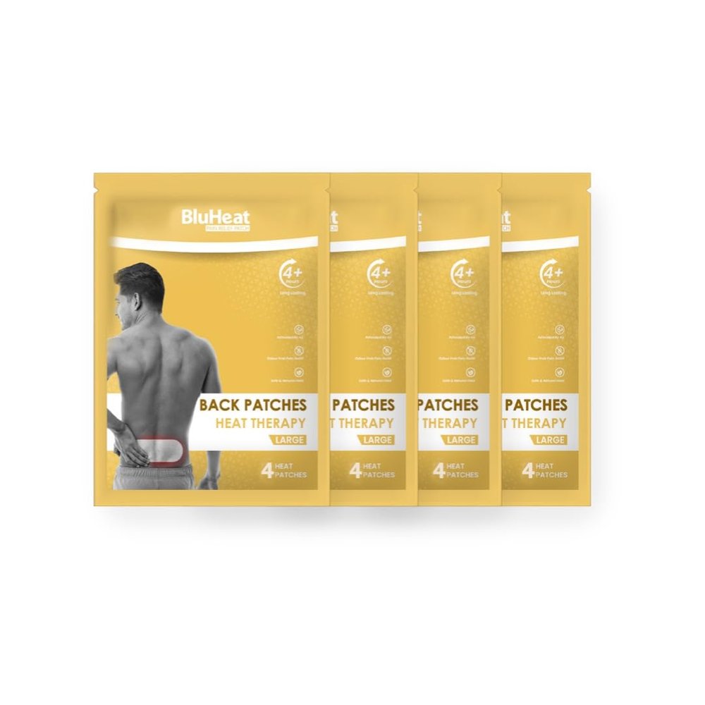 BluHeat Back Pain Relief Patches (Pack of 4 pcs Large) 4+ Hours of Heat Therapy, Safe and Natural Odour-Free Air-Activated, Long-Lasting Ultimate Substitution of hot Water Bags, ON The GO