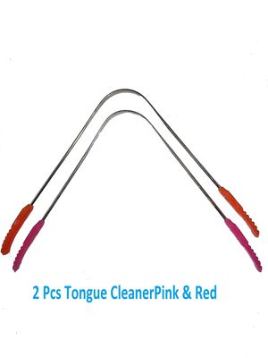 D-Sales Tongue Cleaner with Plastic Handle for Remove Bacteria & Bad Breath 2 Pcs Pink & Red