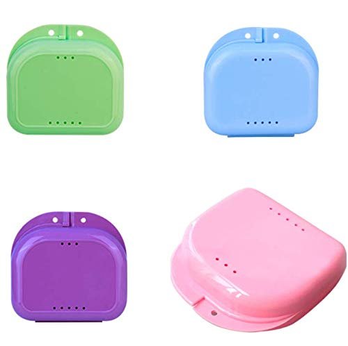 DNHCLL Pack of 4 Dentures Container False Tooth Locator with Air Vent Holes, Retainer Case Mouth Guard Case Orthodontic Denture Storage Container Carabiner Hook Portable and Easy To Travel