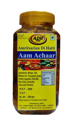 ADH Homemade Mango Pickle (500g) | Secret Recipe | Dry and Spicy Pickle | 100% Natural Ingredients | No Preservatives or Chemicals | Mango Achar | Organic Achar