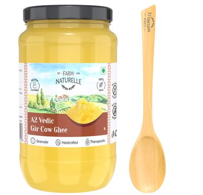 Farm Naturelle - 100% Pure A2 Gir Cow Ghee - 1L (Glass Bottle) | Traditional Vedic Bilona Method Churned | Grassfed - Natural and Fresh | Cultured Lactose and Gluten Free - Immunity Booster