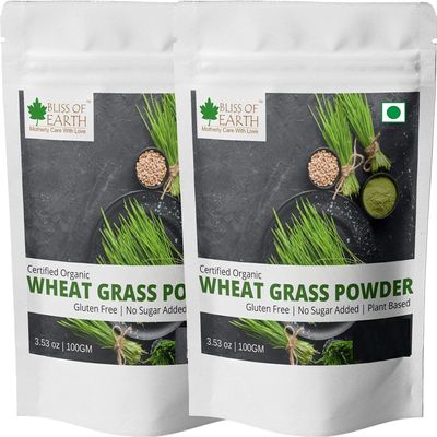Bliss of Earth Certified Organic Wheatgrass Powder 33 Servings Super Food Dietary Supplement Rich in VIT A & B Non GMO Gluten Free 100GM Pack of 2