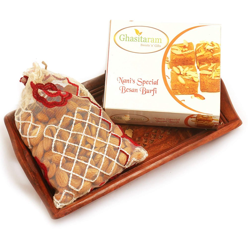 Ghasitaram Gifts Small Wooden Serving Tray with Besan Barfi, and Almonds|Gift Hamper|Diwali Gift Hamper|Food Hampers|Gourmet Hampers|