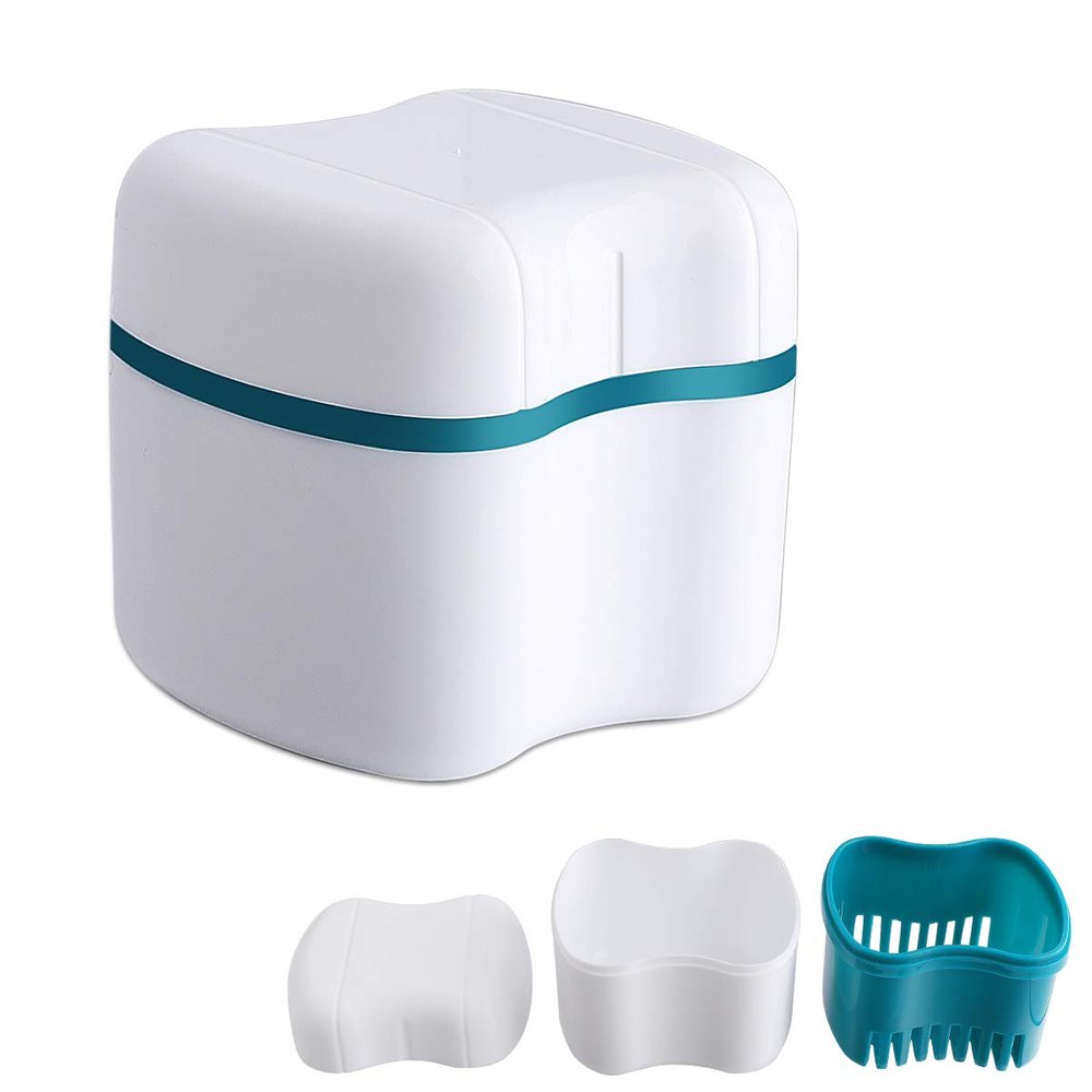 Retainer Cleaning Case, Denture Case, Denture Brush Cups Bath,Dentures Container with Strainer Basket Holder for Travel