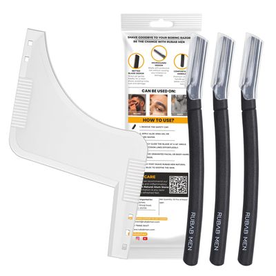 Rubab Men Transparent Beard Shaper & 03 Beard Razor Pen Combo Kit | Perfect Beard Shape, Neck & Side-Burns Cut Line at Home | No More Salon Wait