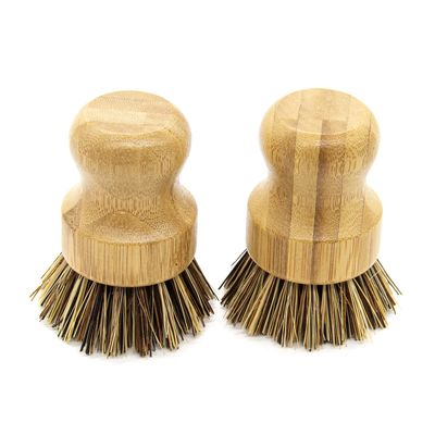 AUEAR, Natural Bamboo Dish Scrub Brush Cleaning Pot Scrubber Brushes Coconut Bristles for Cast Iron Skillet Pots Pans (2-Pack, Deep Color)