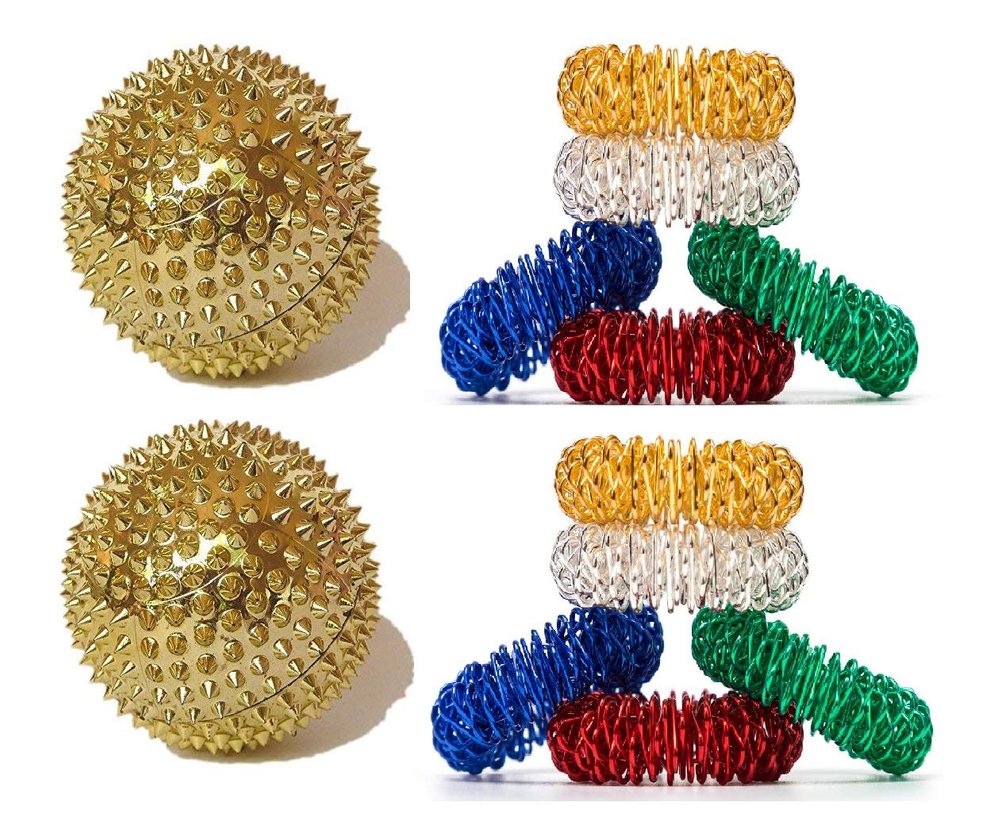 AHCS Manual Acupressure Magnetic Ball Handheld Massager Set 2Pc And Sujok Ring for Finger Massage 10 Pc Kit, Multicolor