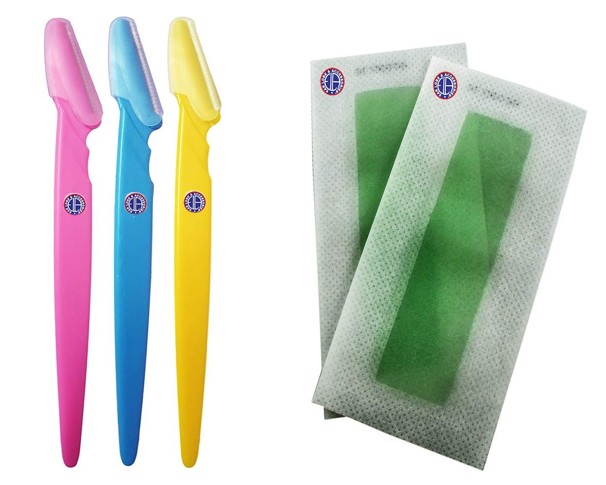 Ear Lobe & Accessories Eye Brow Razor Pack of 3Pcs + Face Wax Strips 2pcs
