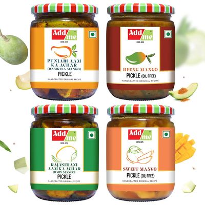 Add me Combo Seller 4 in 1 Mango Pickle Combo Pack. Add me Ramkela Mango Pickle 500 gm, Sweet Mango Pickle 600 g, Rajasthani aam Pickles 500g, Hing Lonji Mango Pickle 500 gm Without Oil Total 2.1kg