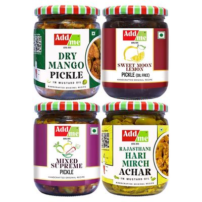 Add me 4 in 1 Rajasthani pickle combo, Dry Mango Pickles 500g aam ka achar, Mixed Pickles 500 g mix, Lemon Pickle sweet and sour 600 g, Green Chili Pickle 500g mirch ka achar. 2.1 kg
