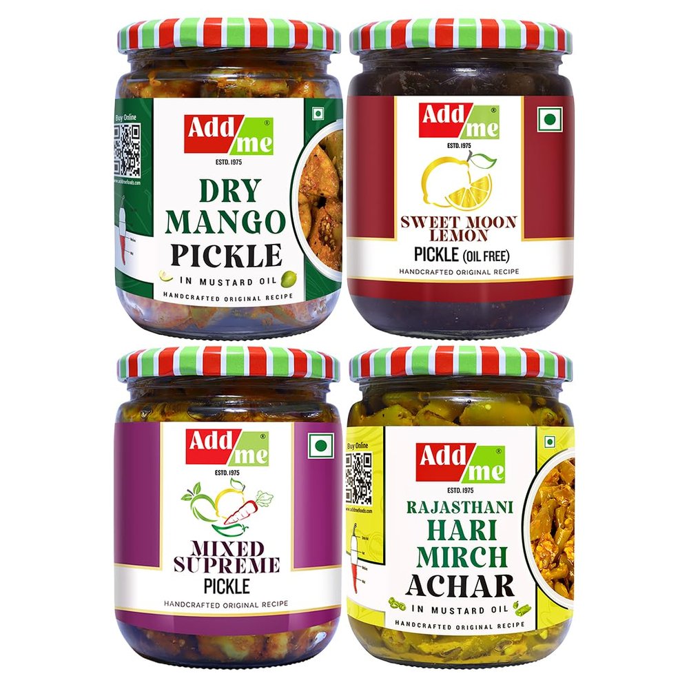 Add me 4 in 1 Rajasthani pickle combo, Dry Mango Pickles 500g aam ka achar, Mixed Pickles 500 g mix, Lemon Pickle sweet and sour 600 g, Green Chili Pickle 500g mirch ka achar. 2.1 kg