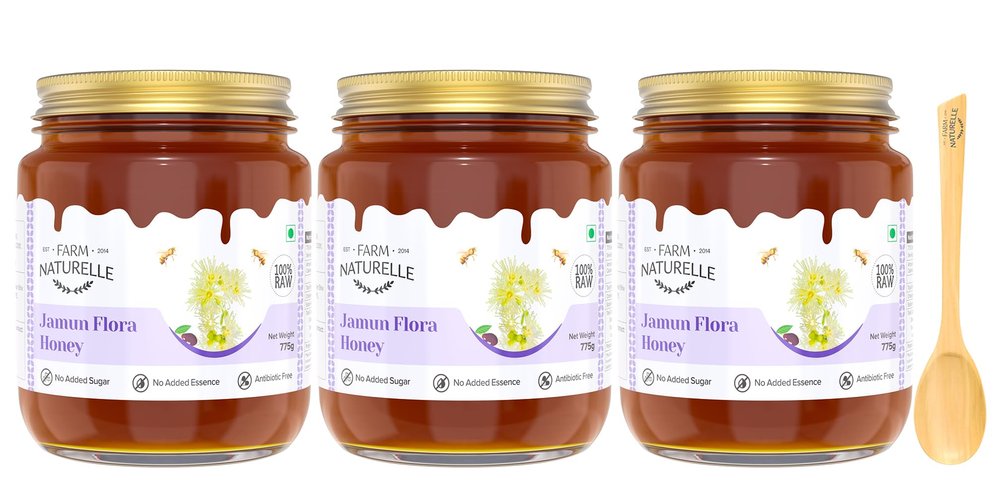 Farm Naturelle-Jamun Flower Wild Forest (Jungle) Honey/100% Pure/Raw/Natural/Un-Processed/Un-Heated/Lab Tested/Glass Bottle-(700gm+75gm Extra+Wooden Spoons.) x 3 Sets.