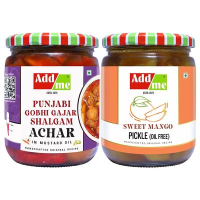 Addme Sweet Pickle Combo Offer, Sweet Mango and Gobhi Mixed Pickle with Garlic Ginger Onion Masala Glass Pack, 600gm Each (Pack of 2) meetha achaar Pickle