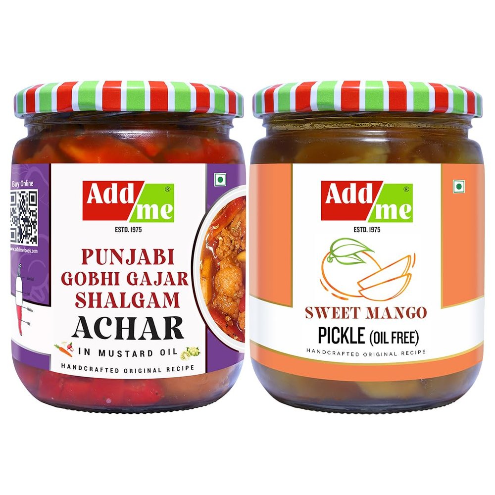 Addme Sweet Pickle Combo Offer, Sweet Mango and Gobhi Mixed Pickle with Garlic Ginger Onion Masala Glass Pack, 600gm Each (Pack of 2) meetha achaar Pickle