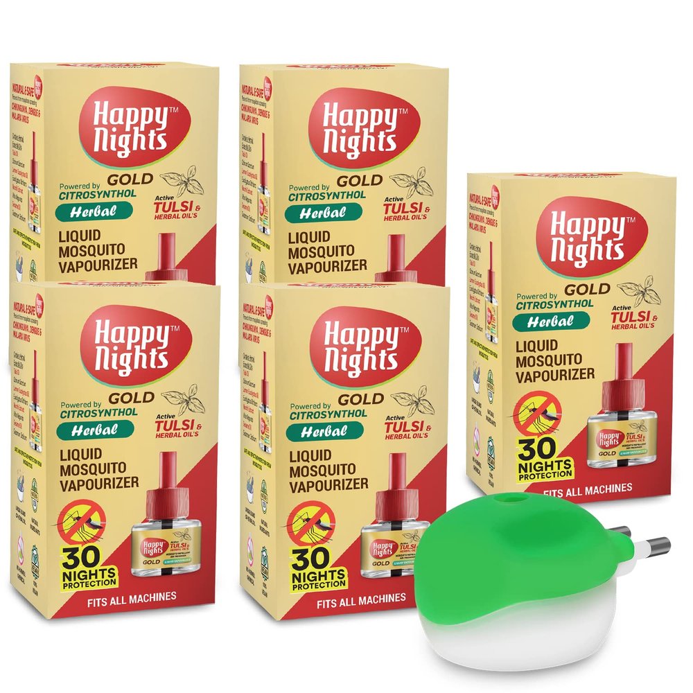 Happy Nights GOLD Tulsi and Herbal Mosquito Repellent | air Freshener Completely herbal-safe for children, 45ml Happy Night (Pack of 5 Refill plus 1 machine)
