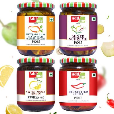 Add me 4 in 1 Combo Pack, Mango Pickle 500g aam ka achar, Add me Stuffed Red Chilli Pickle 500gm, Mixed Supreme Pickel 500 g mix achar, Sweet lime lemon Pickles 600g nimbu ka achar, total. 2.1 Kg