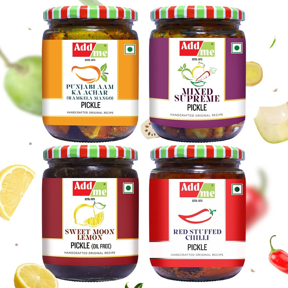 Add me 4 in 1 Combo Pack, Mango Pickle 500g aam ka achar, Add me Stuffed Red Chilli Pickle 500gm, Mixed Supreme Pickel 500 g mix achar, Sweet lime lemon Pickles 600g nimbu ka achar, total. 2.1 Kg
