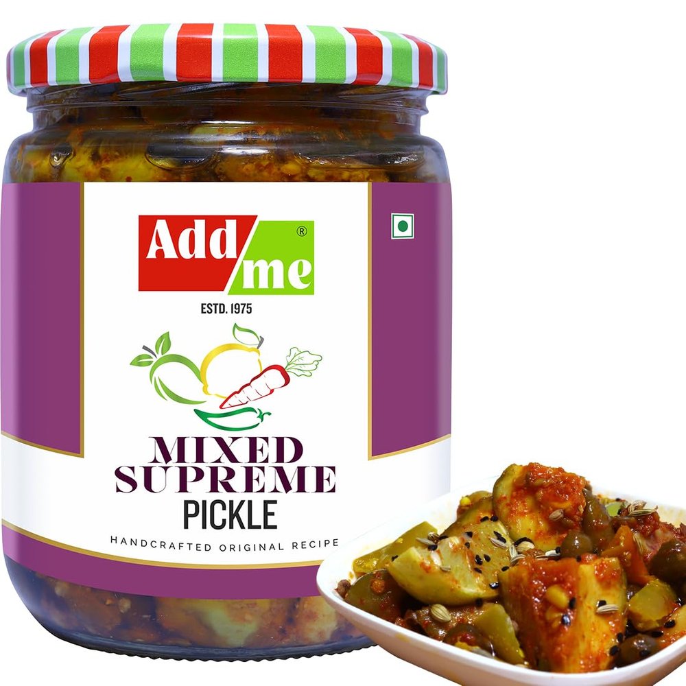 Add me Mixed Pickle 500 Gm supreme mix of lasoda ker mango ginger chili lemon amra ginger lotus stem. Glass Pack