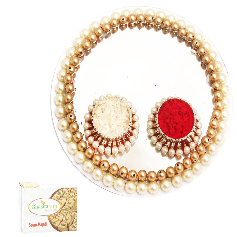 Ghasitaram Gifts Bhaidooj Gifts - White Pearl Pooja Thali with 400 GMS of Soan Papdi