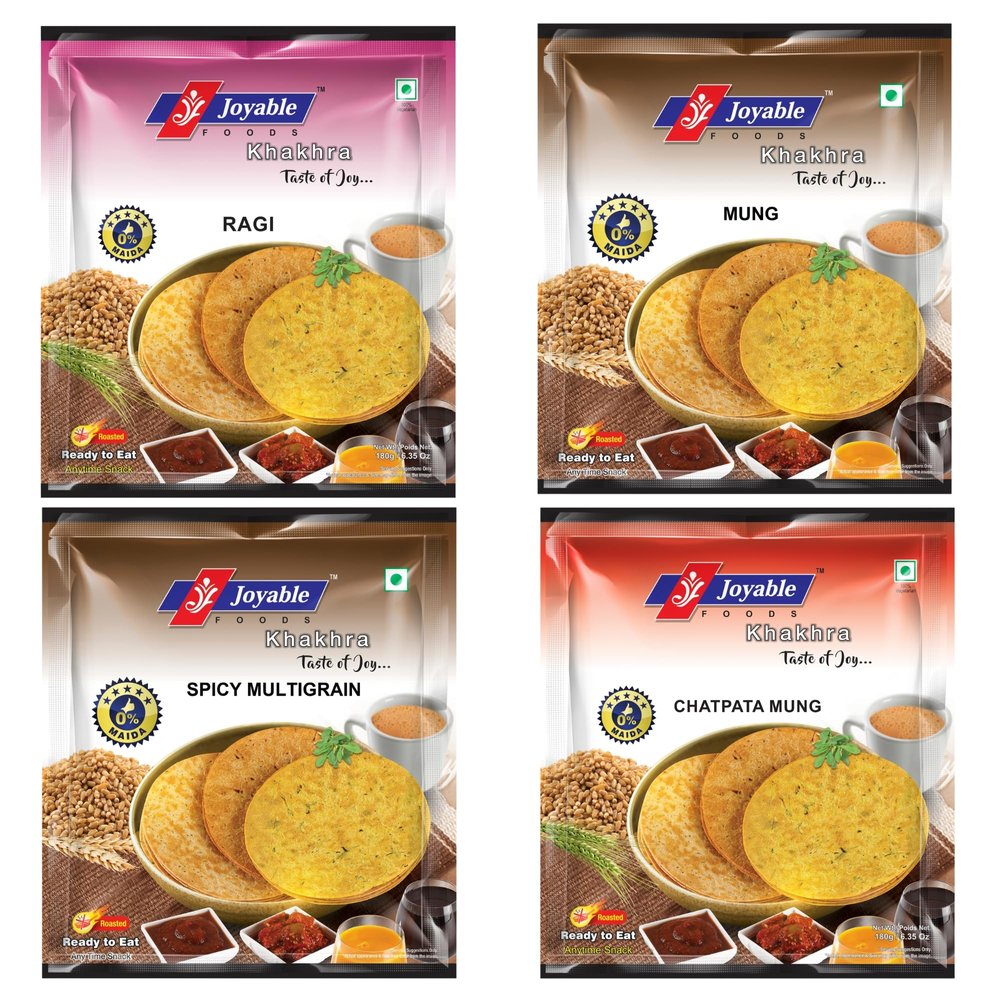 Joyable 4 Flavour Combo Of Ragi/Nachini, Mung, Spicy Multigrain, Chatpata Mung Khakhra | Healthy Traditional Gujarati Snacks | Ready To Use - Pack Of 4, 200 Gms Each