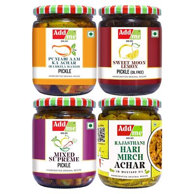 Add me 4 in 1 Pickle Combo Pack. Mango Pickles Aam ka achar 500gm, Mixed Pickles mix achar of ker lasoda mango chilli lotus stem lime 500gm, Sweet nimbu achar lime pickles without oil 600gm, green chilli mirch achar pickles 500g, Total 2.1 kg