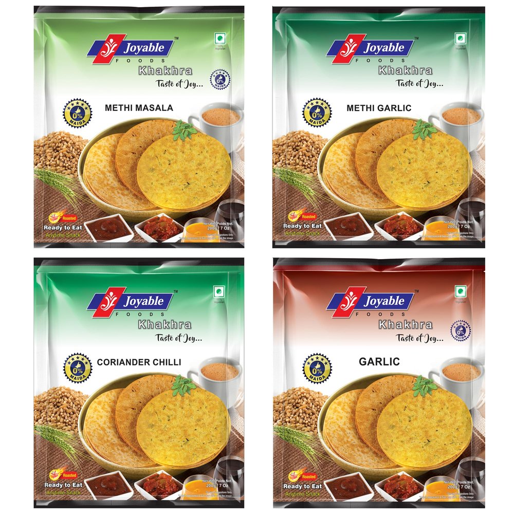 Joyable Khakhra (Methi Masala, Garlic Methi, Coriander Chilly, Garlic) | 4 Flavor Combo Of Gujarati Traditional Snacks | Ready To Eat - 800 Gms (4 Packets x 200 Gms Each)