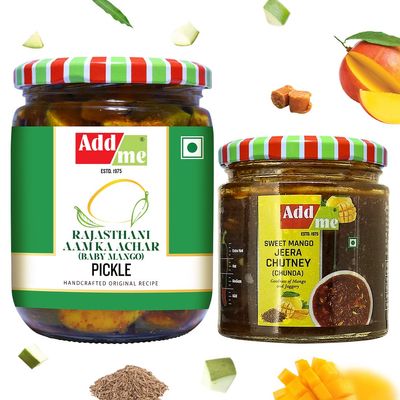 Add me Combo Pickle Original Rajasthani aam ka achar, and Chunda Pickle Sweet Mango Chutney with jeera 200g chundo khatta meetha Without Oil Mango Chutney Glass Pack