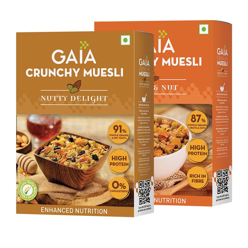 Gaia Crunchy Muesli Combo Pack: Fruit & Nut(400 gm) and Nutty Delight(400 gm) - Elevate Your Breakfast with Wholesome Goodness, Variety, and Nutritional Benefits (Super Saver Pack)