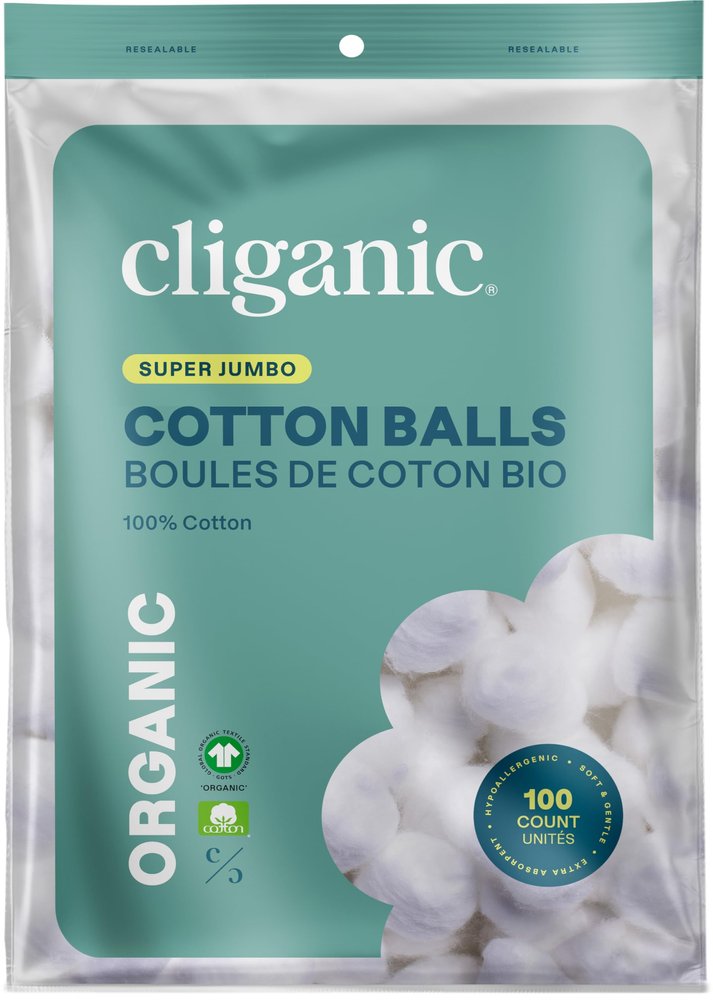 Cliganic Organic SUPER JUMBO Cotton Balls, 100 Count - Biodegradable, Hypoallergenic, Absorbent, Large Size, 100% Pure Certified Organic