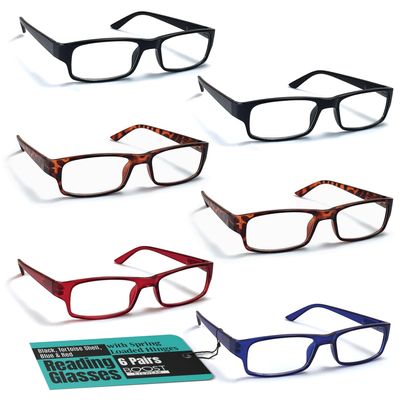 6 Pack Reading Glasses by BOOST EYEWEAR, Traditional Frames in Black, Tortoise Shell, Blue and Red, for Men and Women, with Comfort Spring Loaded Hinges, Assorted Colors, 6 Pairs (1.75, 9, 2, 0, 0, 6)