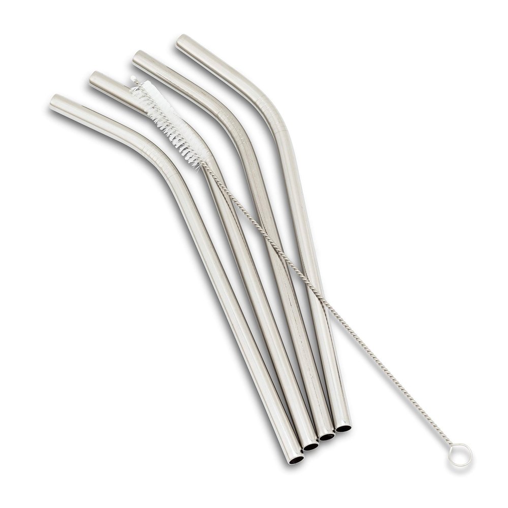 Abbott Collection 27-ECOSTRAW-05-SIL 4 Bent Wide Straws & Brush-SIL-8" L, Silver