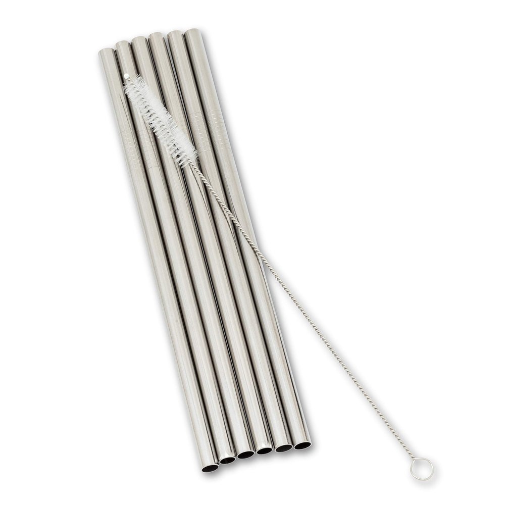 Abbott Collection 27-ECOSTRAW-06-SIL 6 Straight Wide Straws&Brush-SIL-8" l, Silver