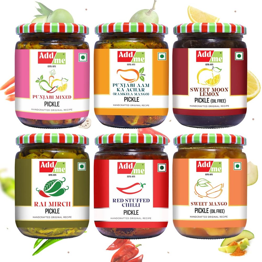 Add me Combo 6 in 1. Add me Mango Pickles 500 g, Sweet Lime Pickles 600 g, Green Chilli Pickles 500g, Punjabi Mixed Pickle 500g, Sweet Mango Pickles 600gm, Red Stuffed Chilli Pickles 500g Total 3.2kg