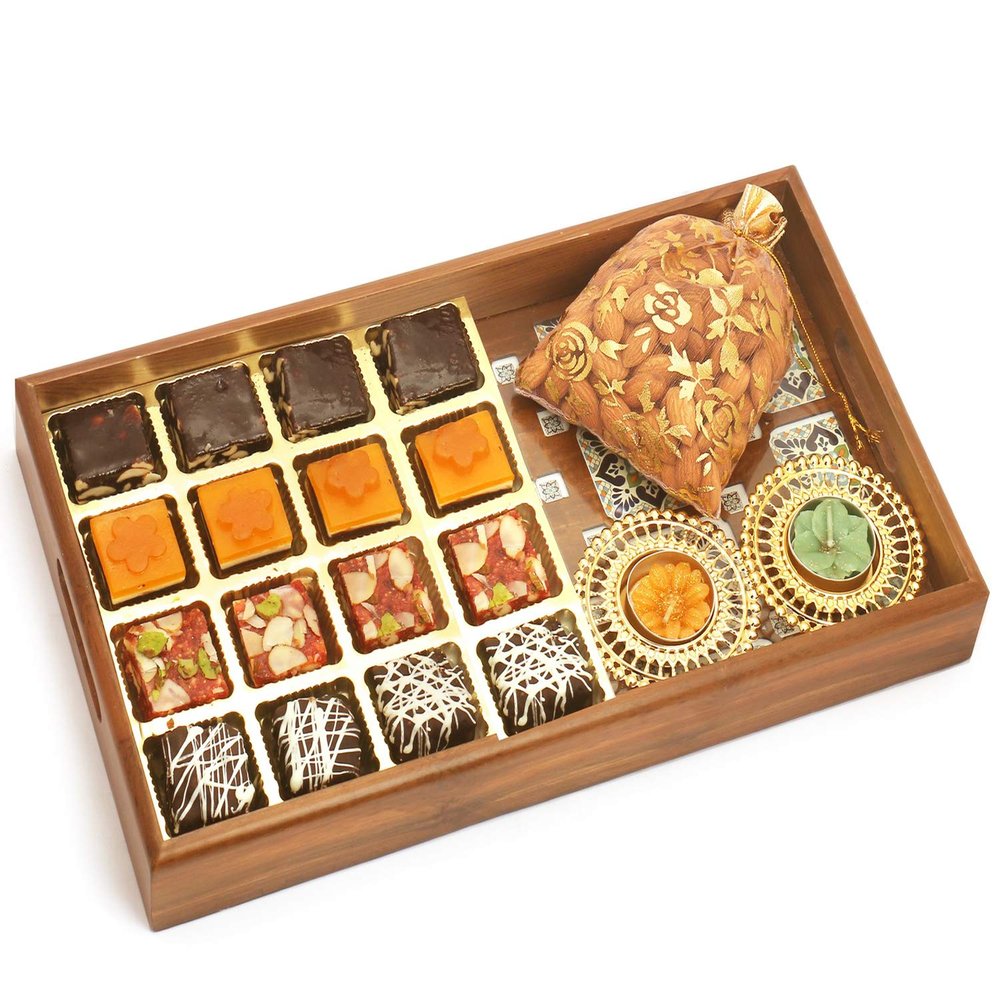 Ghasitaram Gifts Diwali Gifts - Big Wooden Printed 16 pcs Ghasitaram Special Bites Tray, T-Lite and Almonds Pouch|Gift Hamper|Diwali Gift Hamper|Food Hampers|Gourmet Hampers|