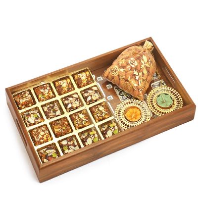 Ghasitaram Gifts Diwali Gifts Big Wooden Printed 16 pcs Sugarfree Bites Tray, T-Lite and Almonds Pouch|Sugar Free Sweets|Diabetic Friendly|Diwali Sugar Free Sweets Box