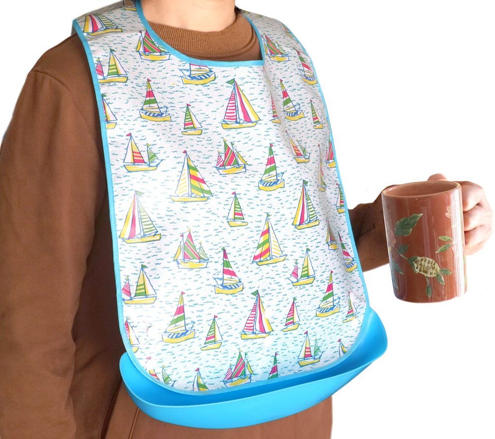 Waterproof Adult Senior Elderly Bib Apron Mealtime Clothing Protector with Detachable Crumb Catcher (Plaid)